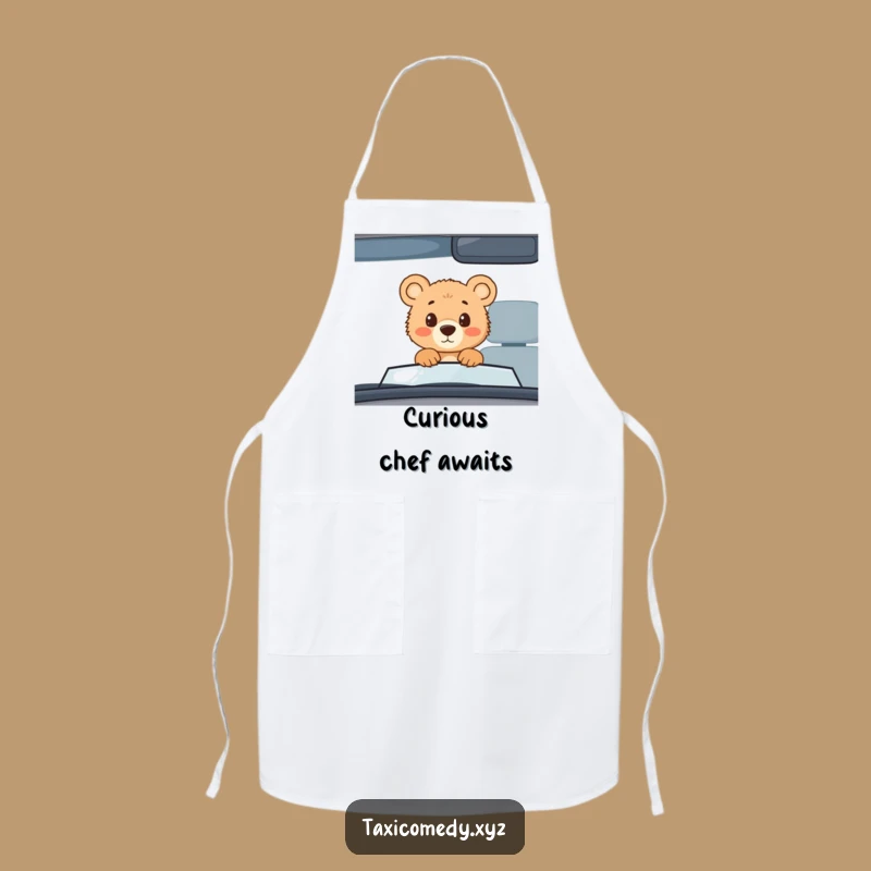 Cook up a storm with this funny apron. The curious bear cub in a taxi adds a touch of wild charm.
