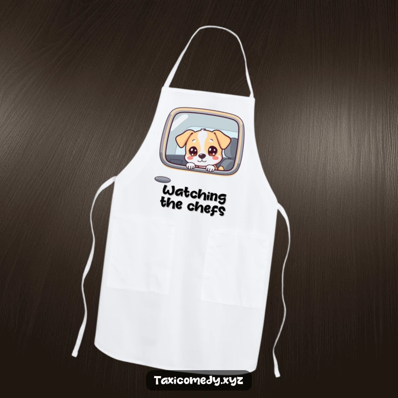 Funny dog character humorously peering out of a taxi window, adorning a kitchen apron for pet lovers.