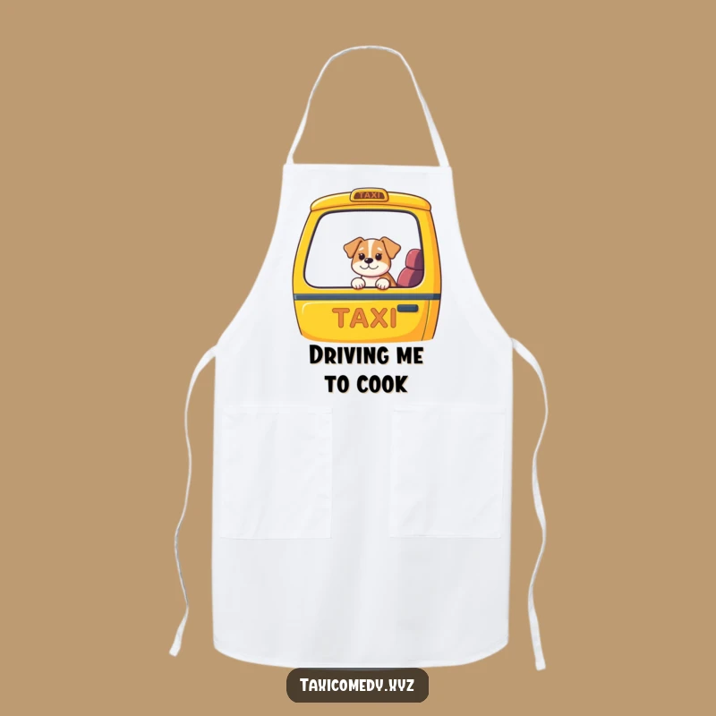 Cook up some laughs with this funny apron featuring a dog enjoying a taxi ride. Perfect for the kitchen or BBQ.