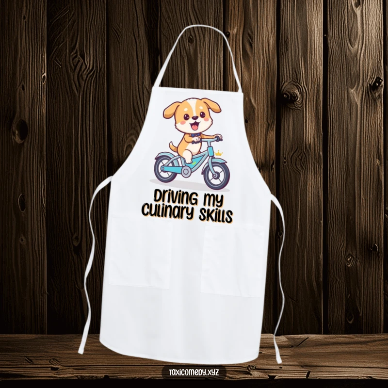 Funny dog pedaling a bicycle taxi, a humorous and practical apron for cooking.
