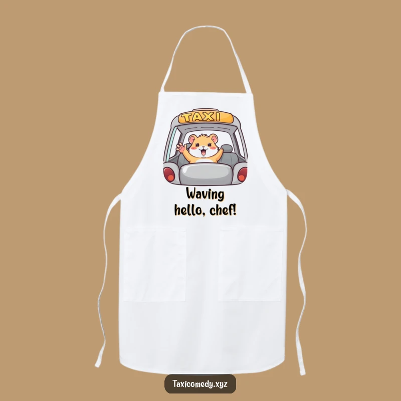 Make cooking more fun with this funny apron. The hamster waving from a taxi is an unexpected kitchen companion.