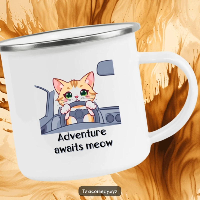 Funny cat driver camping mug, showing an excited cat driving, ready for outdoor adventures and laughter.