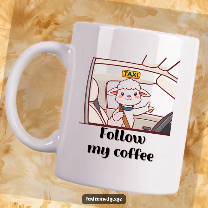 Funny Mug with a cheerful sheep giving directions from the passenger seat of a taxi, embodying helpful and humorous guidance.