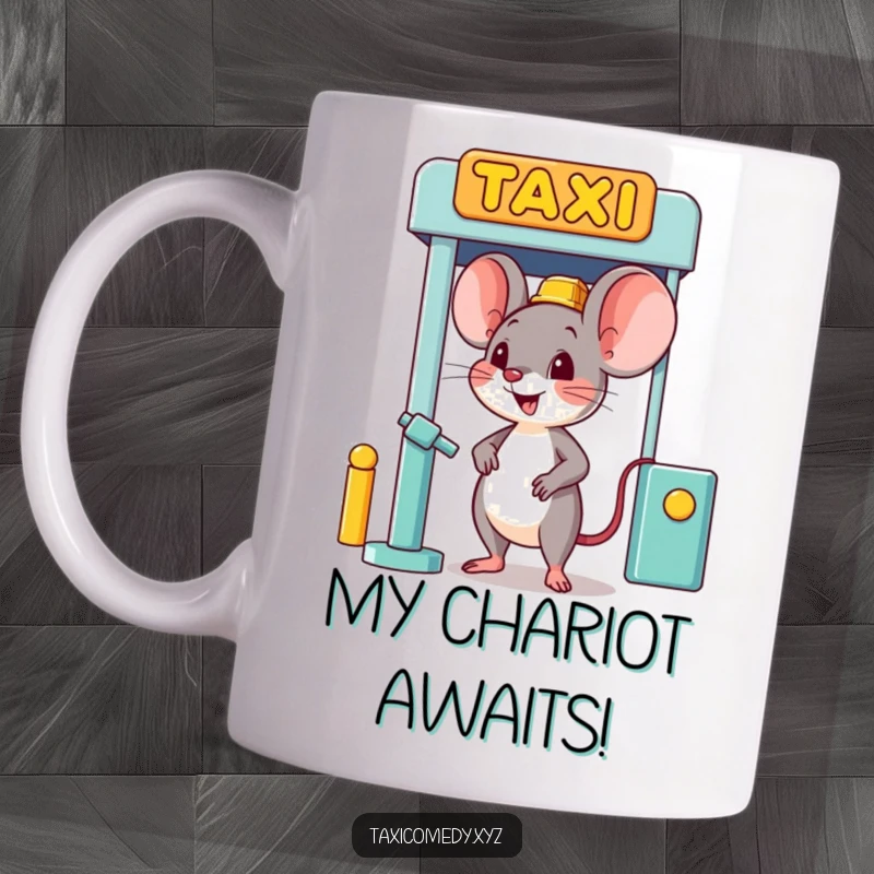 Funny happy mouse character eagerly waiting at a taxi stand, ready for a humorous journey.