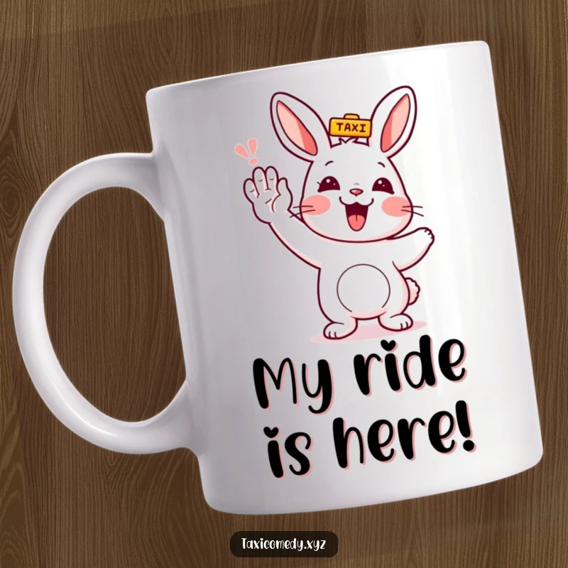 Funny rabbit character enthusiastically hailing a yellow taxi with a raised paw, ready for a humorous adventure.