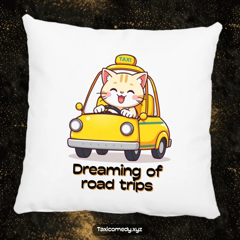 Funny Cat Pillow: A happy cat drives a yellow open-top taxi, perfect for relaxation.