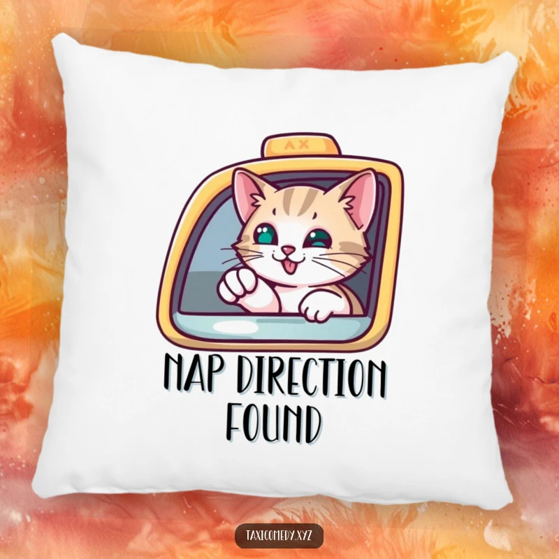 Funny Pillow showcasing a curious cat peering from a taxi window, pointing with a paw, a soft and humorous accent.