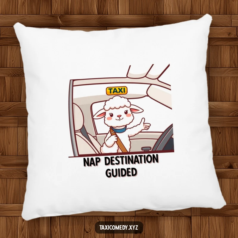 Funny Pillow showcasing a cheerful sheep giving directions from a taxi, a soft and humorous accent.