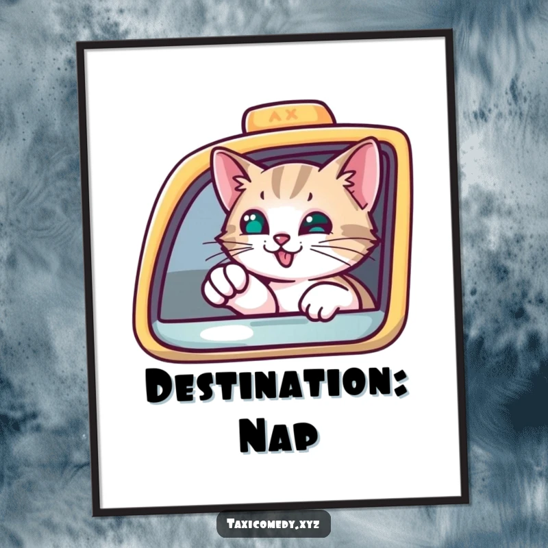 Funny Digital Art Print of a curious cat peering from a taxi window, pointing with a paw, perfect for humorous wall decor.