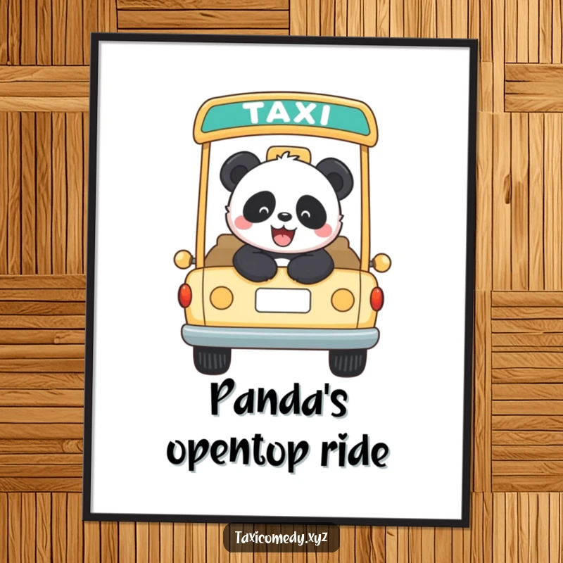 Funny panda joyfully riding in an open-top taxi. This digital art print brings instant humor and cheerful vibes to decor.
