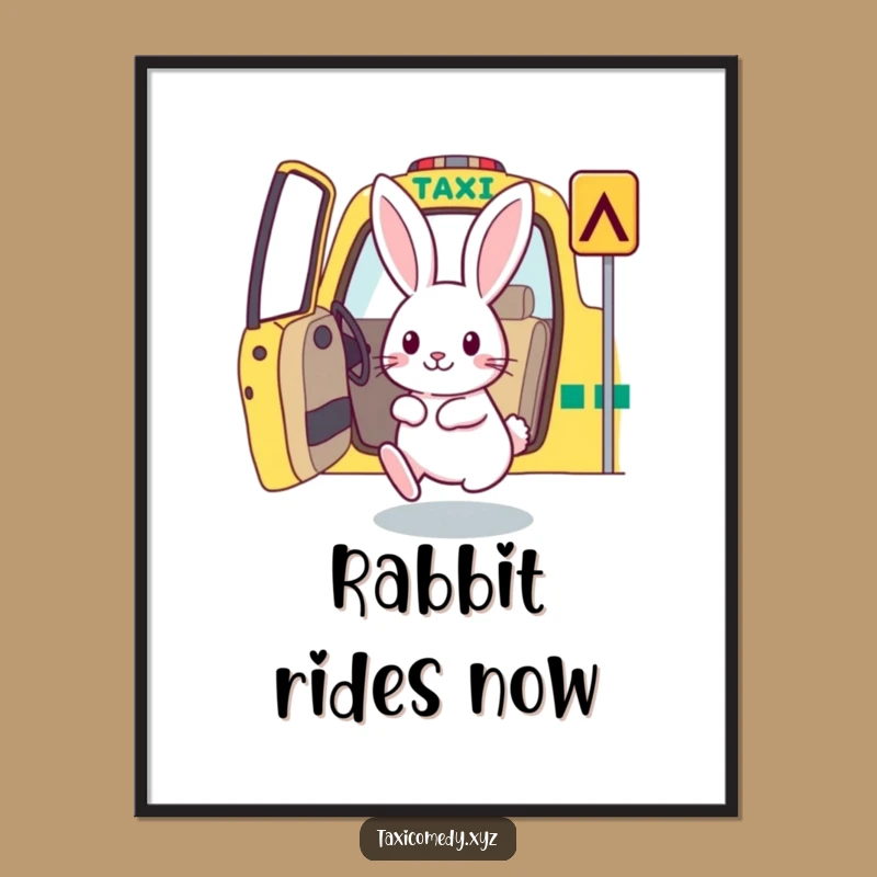 Download and print this humorous artwork of a rabbit hopping into a taxi, instantly adding charm and fun to your space.
