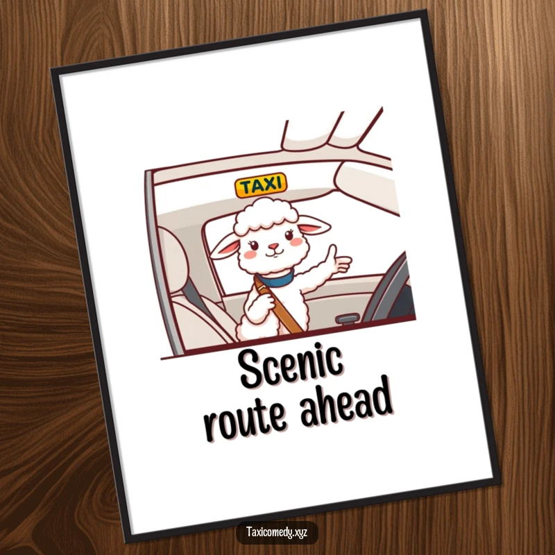Funny Digital Art Print of a cheerful sheep giving directions from a taxi, perfect for humorous wall decor.