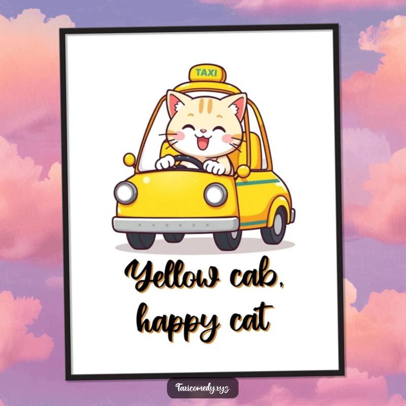 Funny Cat Digital Art Print: A happy cat drives a yellow open-top taxi with joy.