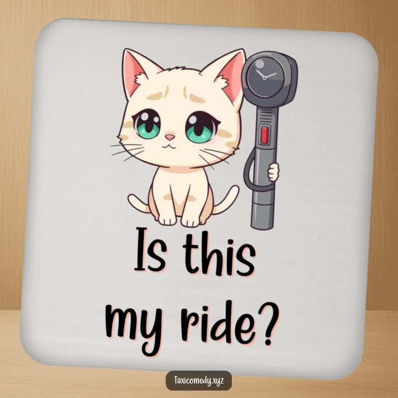 Funny coaster depicting a cat with large eyes observing a taxi meter with humorous curiosity.