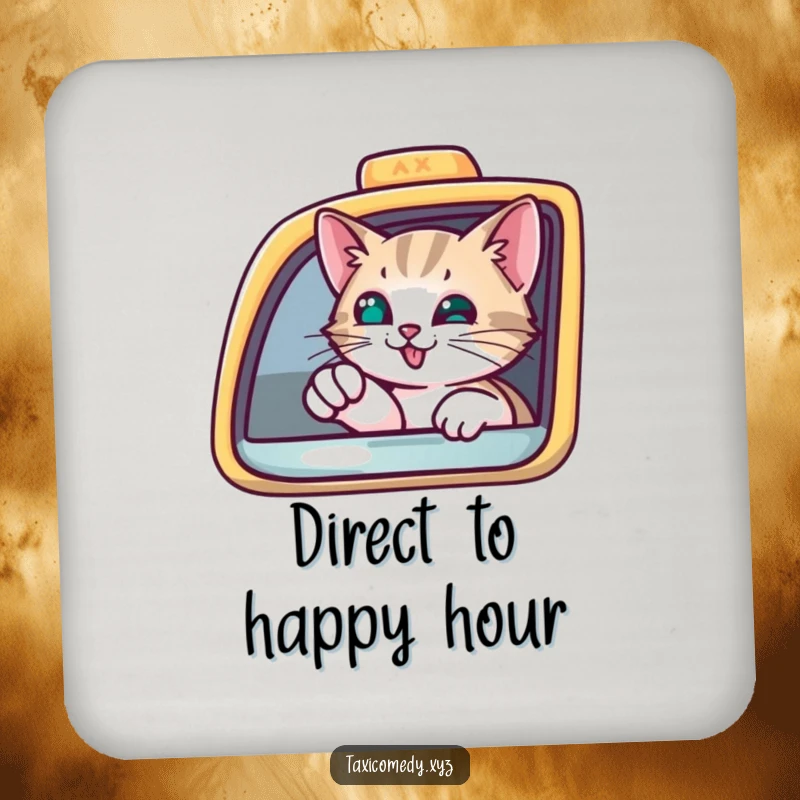 Funny Drink Coasters featuring a curious cat peering from a taxi window, pointing with a paw, protecting surfaces with humor.