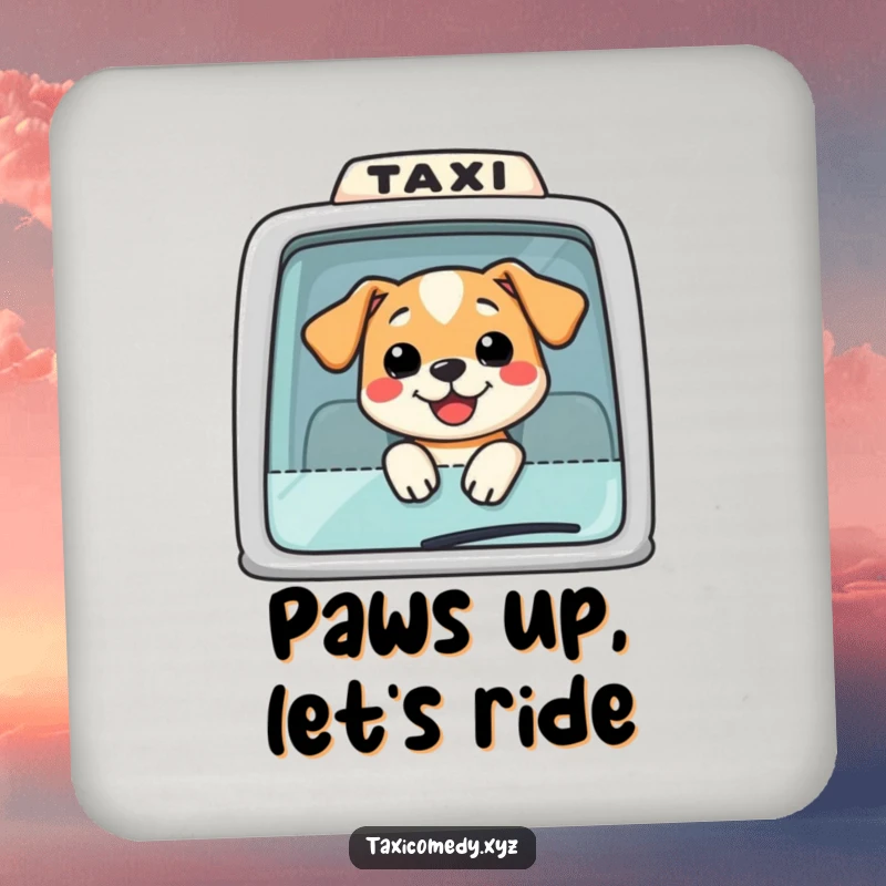 Funny Dog Taxi Coaster: A smiling dog with its head out of a taxi window, protecting surfaces with a dose of humor.