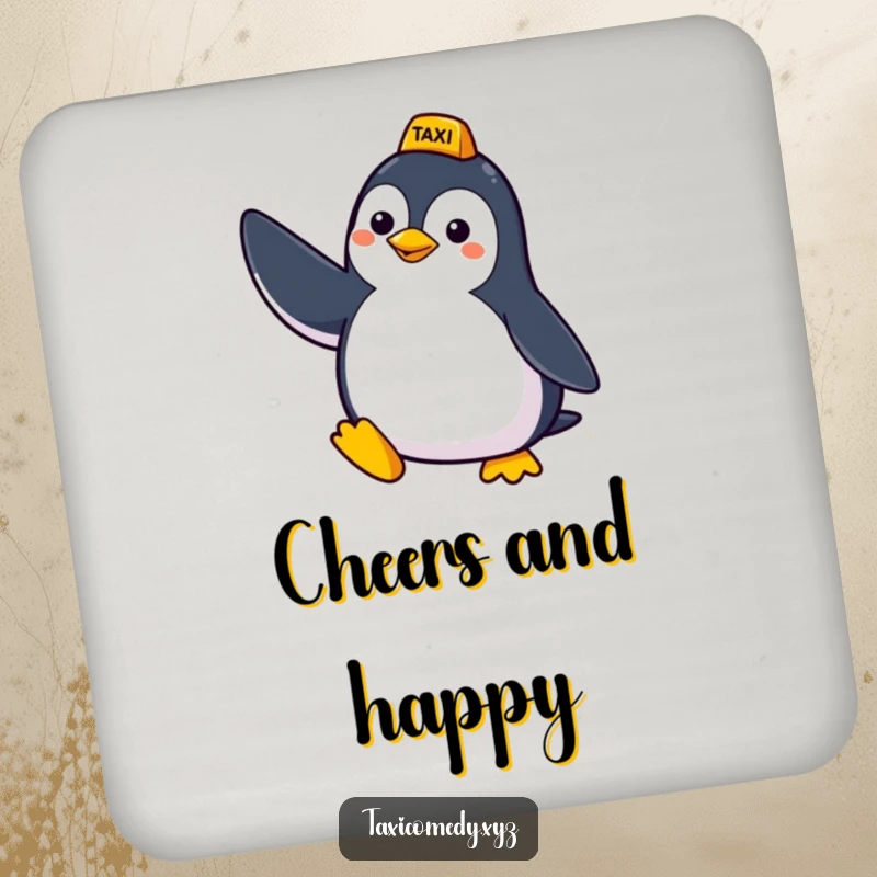 Funny drink coaster featuring a cheerful penguin humorously signaling for a taxi, protecting surfaces with a dose of arctic charm.