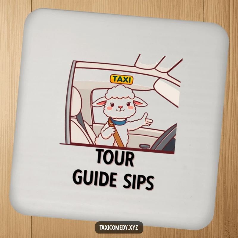 Funny Drink Coasters featuring a cheerful sheep giving directions from a taxi, protecting surfaces with humor.