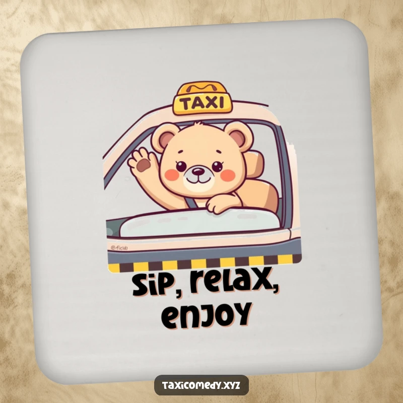 Funny bear cub waving from inside a taxi. This coaster offers surface protection with a dose of cute, humorous charm.