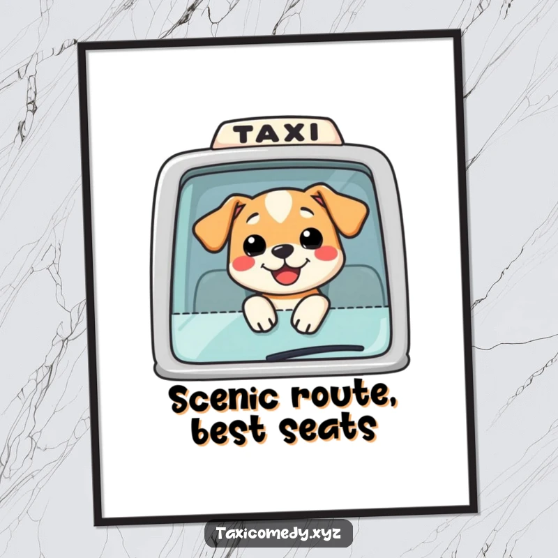 Funny Dog Taxi Poster: A vibrant illustration of a smiling dog enjoying the breeze with its head out of a taxi window.