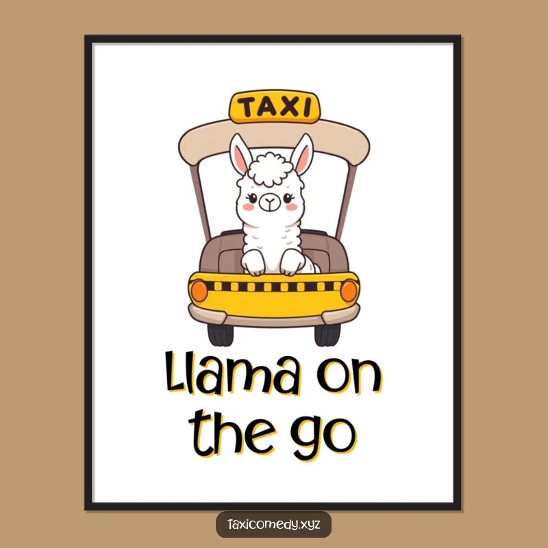 Decorate your space with this amusing poster of a cheerful llama enjoying a taxi ride. A delightful piece of art that sparks joy and laughter.