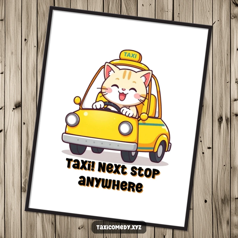 Funny Cat Poster: A happy cat drives a bright yellow, open-top taxi, full of joy.