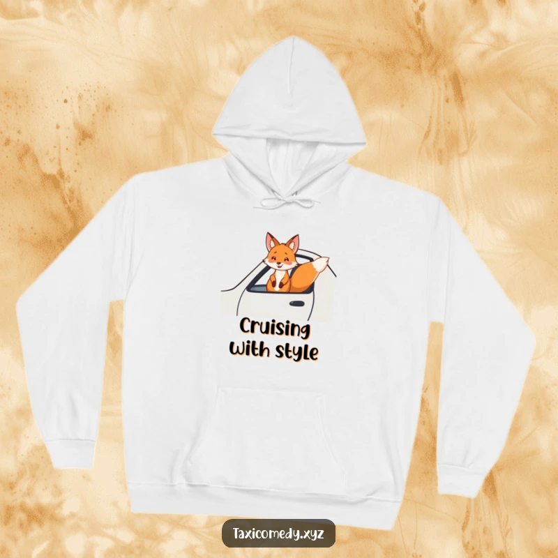 Funny fox hoodie featuring a cheerful fox joyfully hanging out the window of a speeding taxi. Comfortable and humorous.