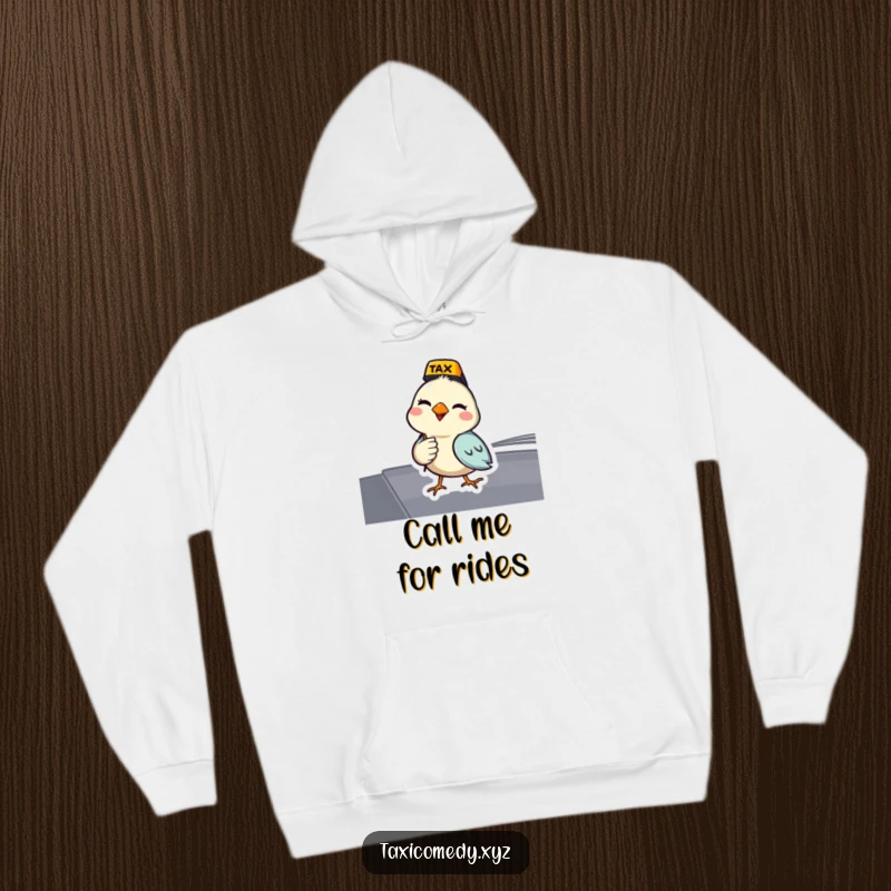 Funny bird hoodie featuring a bird as a taxi driver with a playful wink. Comfortable and humorous apparel.