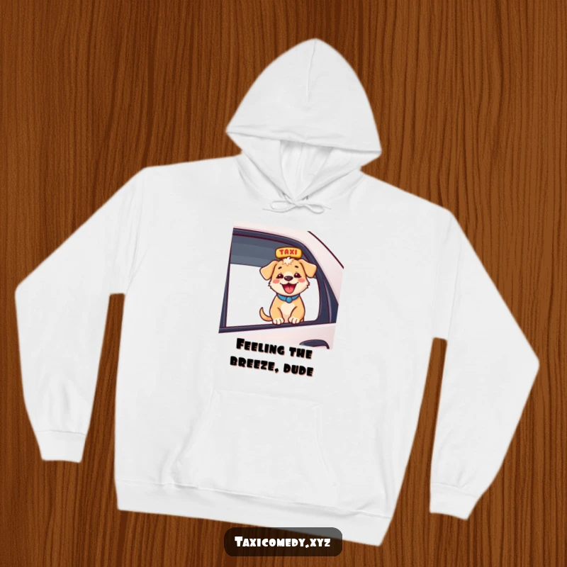 Funny energetic puppy peeking out of taxi window, tail wagging, hilarious funny gift for puppy lovers.