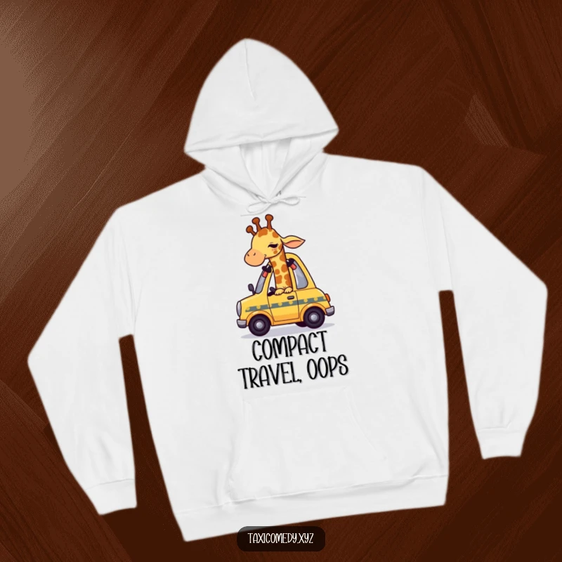 Funny giraffe character humorously squeezing into a small taxi, perfect for a cozy and amusing look.