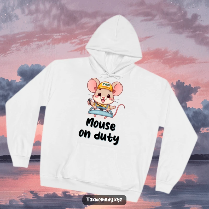 Funny hoodie art: a cheerful mouse wearing a headset dispatches taxis with a smile, offering cozy and comical transport vibes.