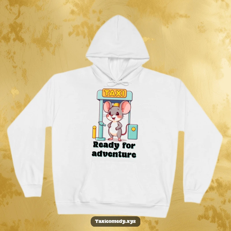 Funny happy mouse character humorously waiting at a taxi stand, ideal for cozy, humorous wear.