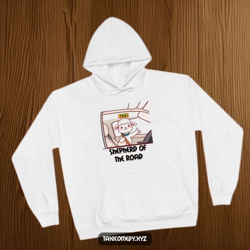 Funny Hoodie featuring a cheerful sheep giving directions from a taxi, a warm and humorous companion for navigation.