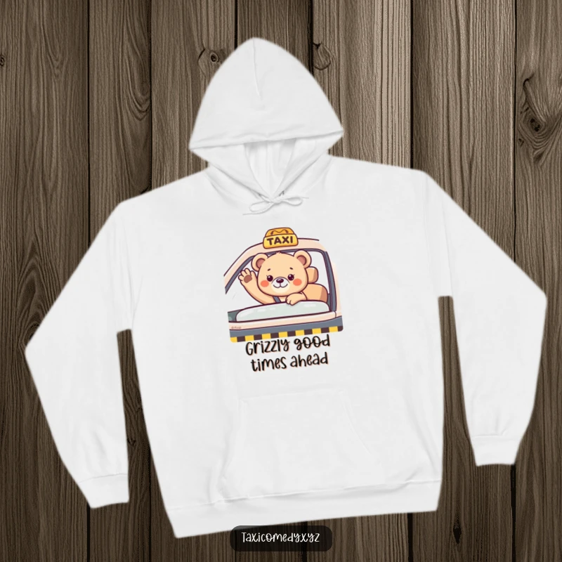 Funny bear cub waving hello from a taxi passenger seat. This hoodie offers comfort and evokes a sense of friendly warmth.