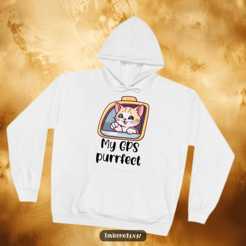 Funny Hoodie featuring a curious cat peering from a taxi window, pointing with a paw, a warm and humorous companion.