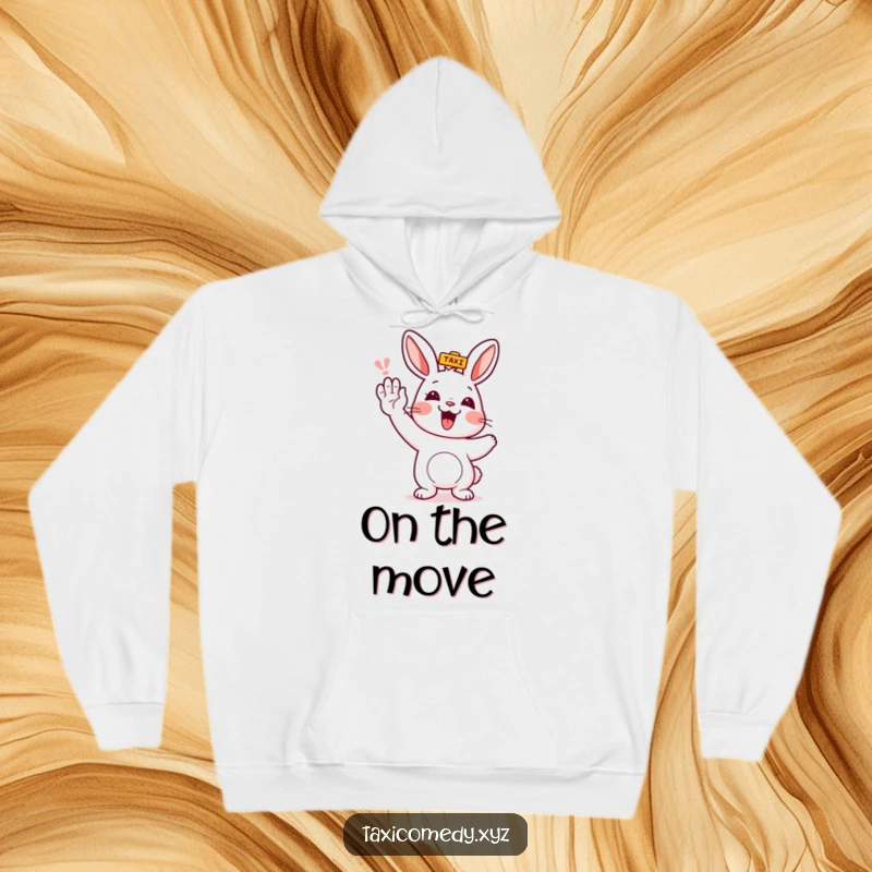 Funny rabbit character enthusiastically hailing a taxi with a raised paw, embodying humorous urgency and a love for adventure.