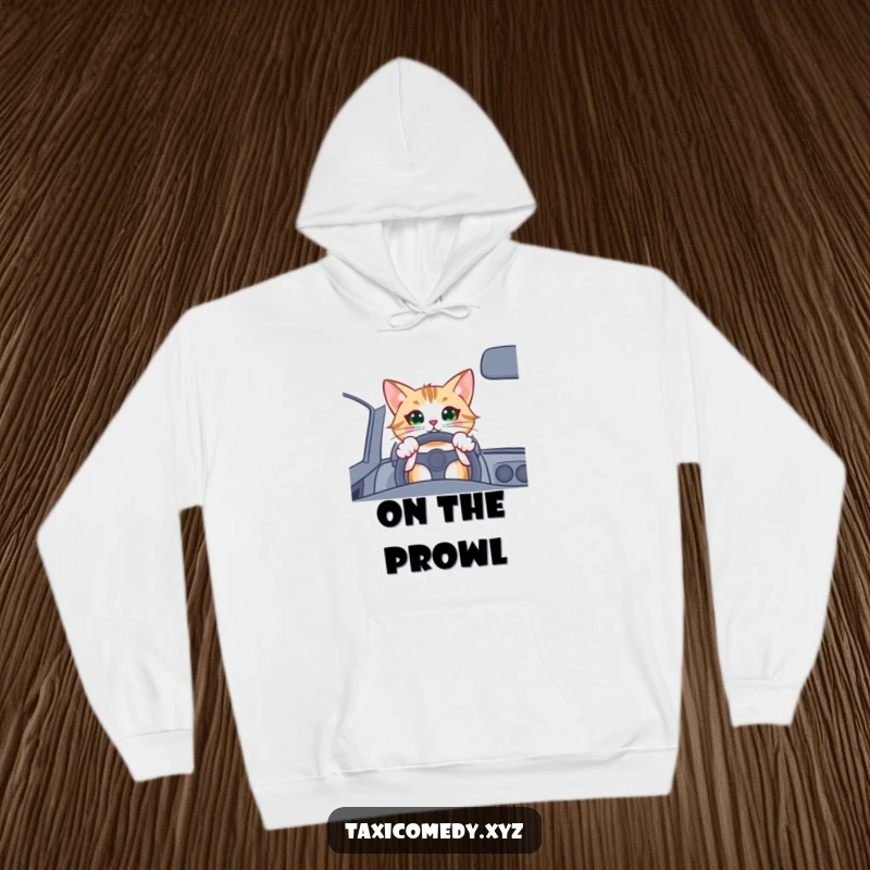 Funny cat driver hoodie, a happy cat gripping a steering wheel, looking thrilled and ready to drive.