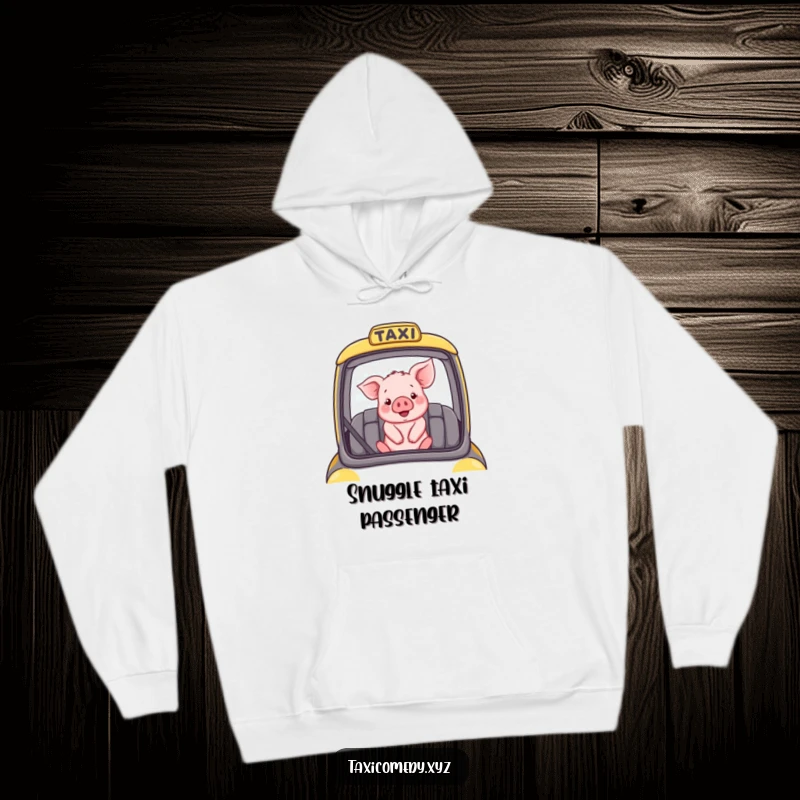 Funny hoodie showing a happy piglet riding as a passenger in a taxi, embodying pure contentment.