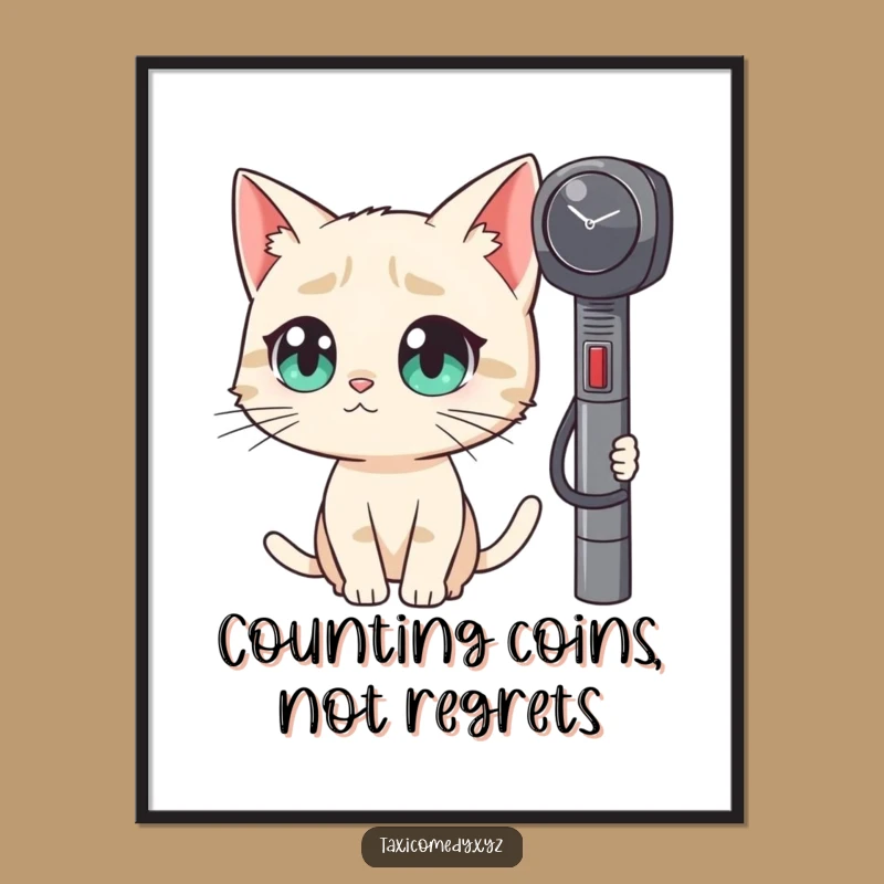 Add humor to your walls with this free printable art of a curious cat observing a taxi meter. Print at home for instant decor.