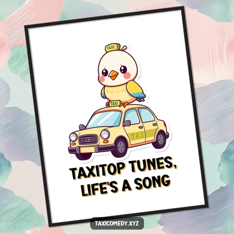 Funny Free Printable Bird Taxi Wall Art: A lively bird striking a pose atop a city taxi.