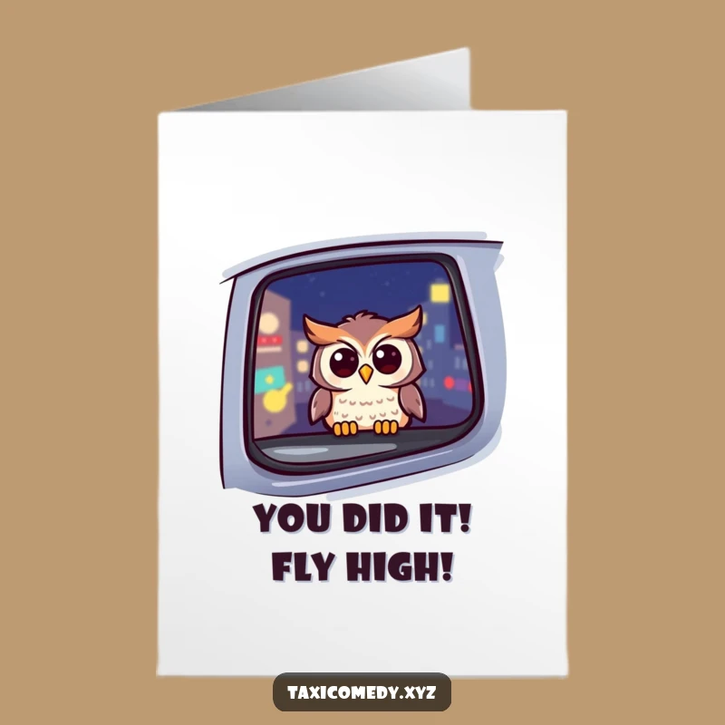 Send your congratulations with this free printable card! A cheerful owl enjoys a night taxi ride, making it a fun, print-at-home sentiment.
