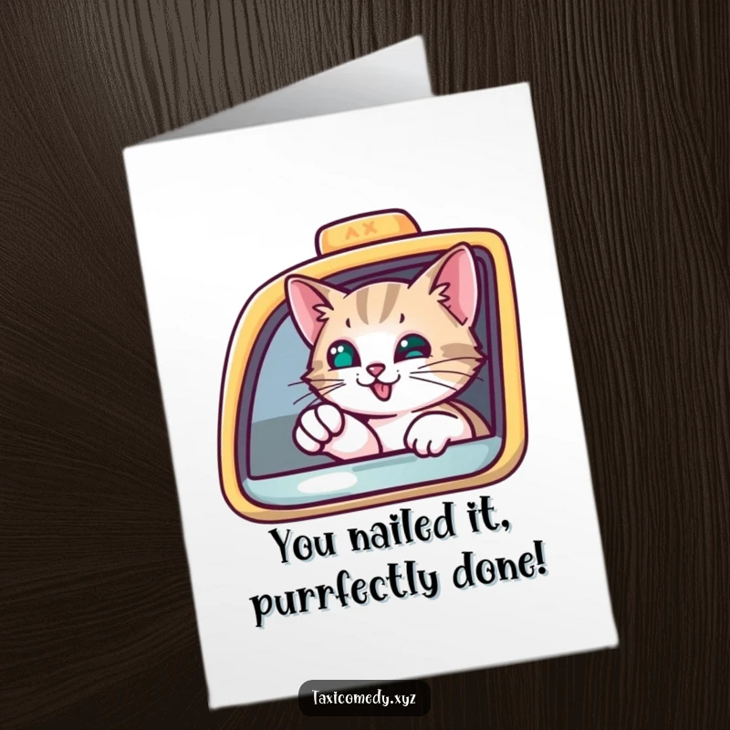 Funny Free Printable Cat Congratulations Card, a curious cat points from a taxi window, a great downloadable gift.
