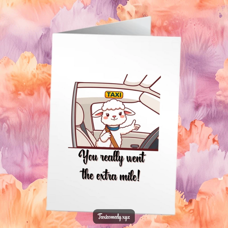 Funny Free Printable Sheep Congratulations Card, a cheerful sheep gives taxi directions, a great downloadable gift.