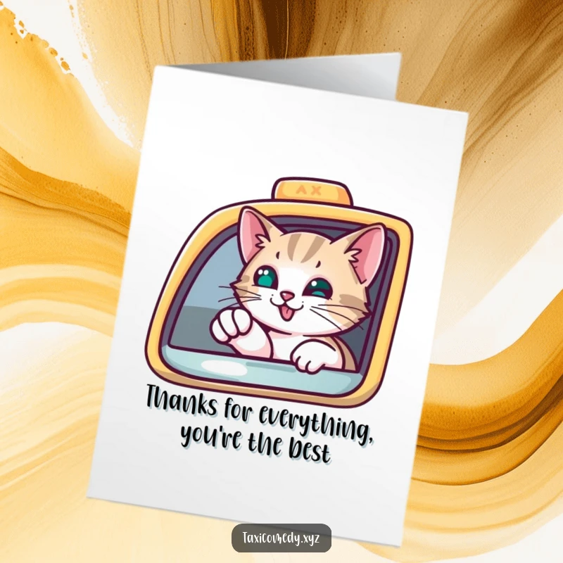 Funny Free Printable Cat Thank You Card, a curious cat points a paw from a taxi window, a humorous downloadable gift.