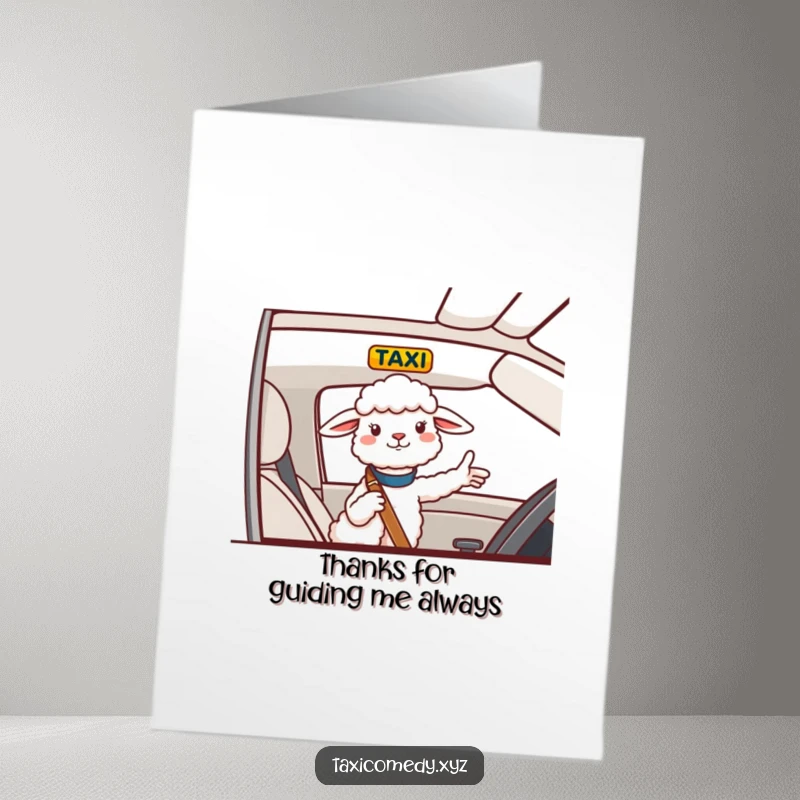 Funny Free Printable Sheep Thank You Card, a cheerful sheep gives taxi directions, a humorous downloadable gift.
