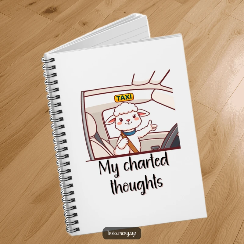 Funny Notebook featuring a cheerful sheep giving directions from a taxi, perfect for jotting funny notes.