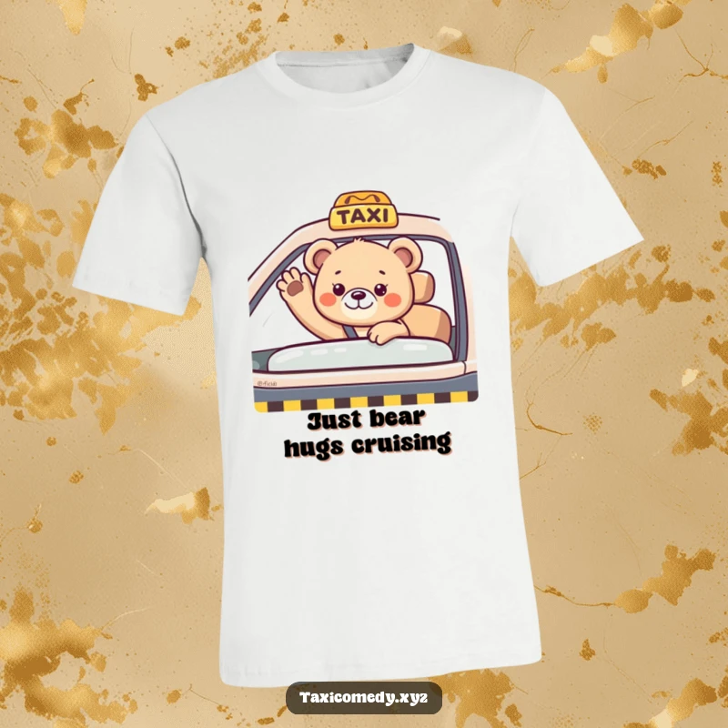 Funny bear cub waving from inside a taxi. This t-shirt design is a charming and humorous way to express a friendly spirit.