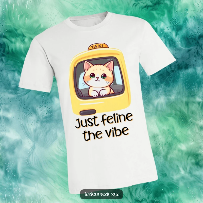 Funny cat peeking out of a yellow taxi window, looking thoughtful. This t-shirt design is a humorous nod to daily commutes and feline curiosity.
