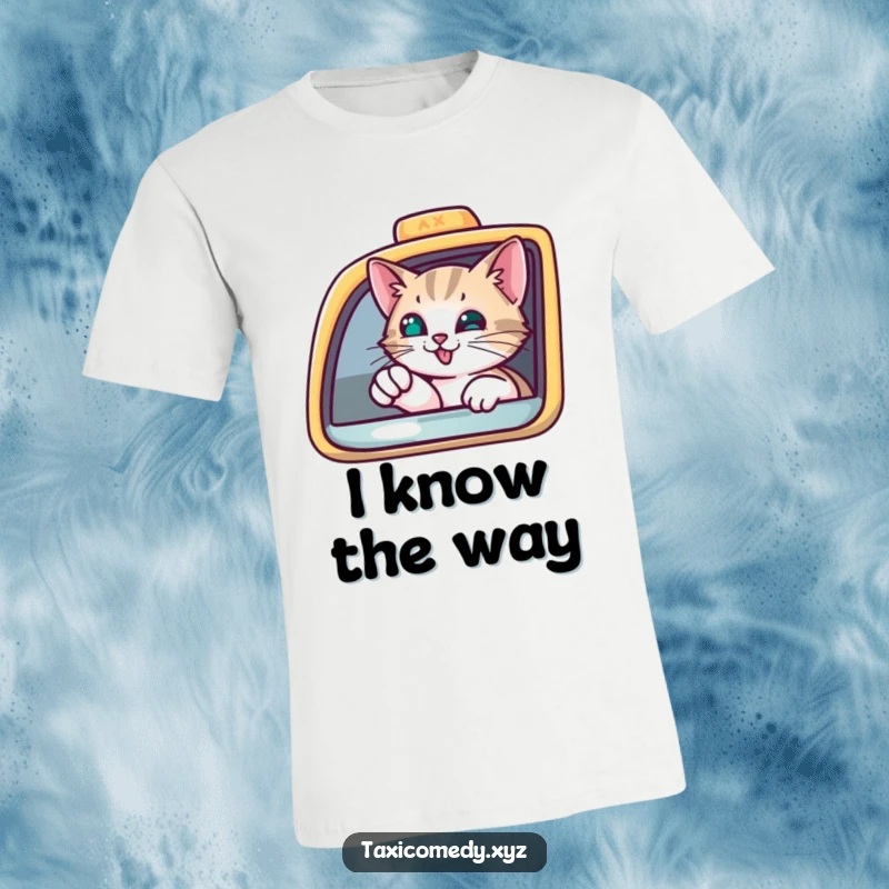 Funny T-Shirt showcasing a curious cat peeking from a taxi, pointing with a paw, a scene of inquisitive feline fun.