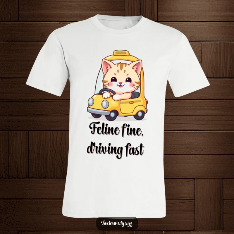 Funny cat t-shirt with a cute, smiling feline expertly driving a tiny yellow taxi down an imaginary road.